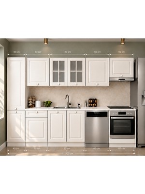 T Designo Fizy Hazır Mutfak Dolabı 300 Cm-Beyaz Laminat Tezgah Dahil-Bulaşık Makinesi Yeri Mevcut-Mat