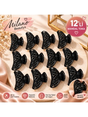 Milano Beautys 12'li Siyah Mandal Toka Seti – Desenli, Şık Tasarımlı, Güçlü Tutuşlu Saç Klipsi