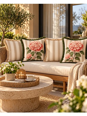 Sunum Luxe Sunumluxe Çizgili Çiçek Desenli 4’lü Kırlent Kılıfı Seti