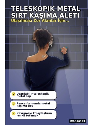 Teleskopik Metal Sırt Kaşıma Aleti Ergonomik Uzayan Kaşağı Aparat 22X4 cm BX-316193