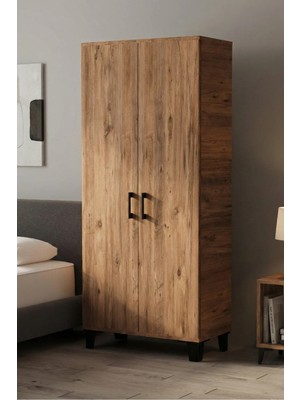 Reyo Falez Mutfak Dolabı Çok Amaçlı, 160CM Kiler Dolabı, 2 Kapaklı 5 Raflı Banyo Dolabı, Atlantik Çam - 250