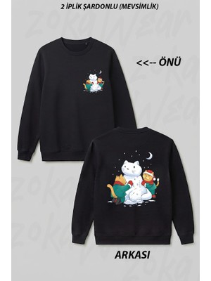Zoka Wear Sevimli Kediler Kardan Adam Ön Arka Baskılı Bisiklet Yaka Sweatshirt
