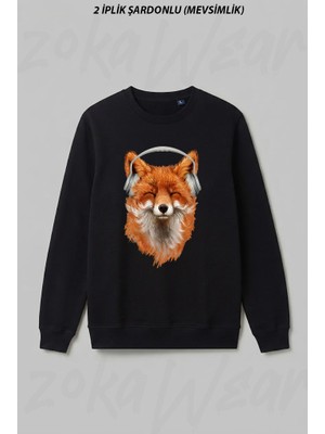 Zoka Wear Smiling Musical Fox Ön Baskılı Bisiklet Yaka Sweatshirt