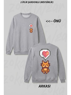 Zoka Wear Stardew Valley Pixel Art Cat Ön Arka Baskılı Bisiklet Yaka Sweatshirt
