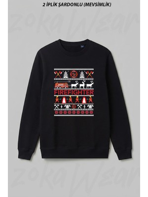 Zoka Wear Firefighter Ugly Christmas Sweater Tee Ön Baskılı Bisiklet Yaka Sweatshirt