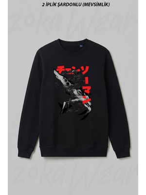 Zoka Wear Chainsaw Man Denji ve Beam Ozel Ön Baskılı Bisiklet Yaka Sweatshirt