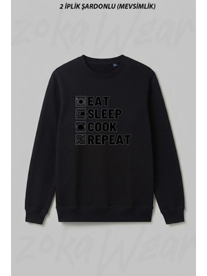 Zoka Wear Eat Sleep Cook Repeat Ön Baskılı Bisiklet Yaka Sweatshirt