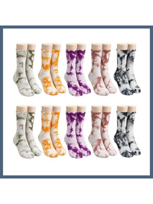 Bezos Unisex Batik Desenli Çorap 10'lu Set Renkli Pamuklu Uzun Soket Dikişsiz Nefes Alan Günlük Spor Çorabı BZS10