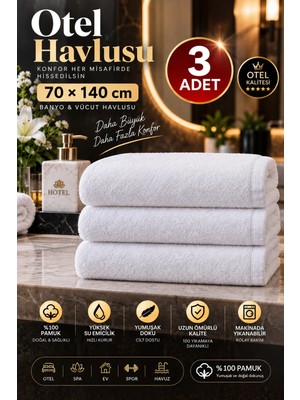 Pera Deluxe Otel Havlusu 3’lü 70X140 cm %100 Pamuk Beyaz Banyo ve Kurulanma Havlusu Yüksek Su Emici