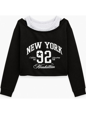 Koton Şardonlu Rahat Kalıp Bisiklet Yaka Uzun Kollu Katmanlı Baskılı Sweatshirt