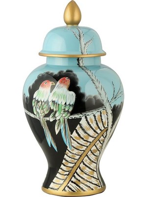 Creart Home Crearthome Ithal Mavi Papağan Desenli Küp Vazo 44 cm