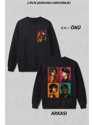 Zoka Wear Gorillaz Baski Ön Arka Baskılı Bisiklet Yaka Sweatshirt
