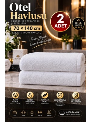 Pera Deluxe Otel Havlusu 2’li 70X140 cm %100 Pamuk Beyaz Banyo ve Kurulanma Havlusu Yüksek Su Emici