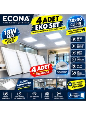Econa 4 Adet -30X30 Clip-In Metal Asma Tavan LED Panel 18W 6500K Beyaz Işık,banyo Mutfak Ofis LED Panel