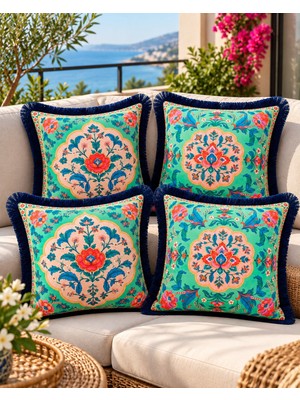 Sunum Luxe Sunumluxe Oriental Bloom Çiçek Desenli 4’lü Saçaklı Kırlent Kılıfı