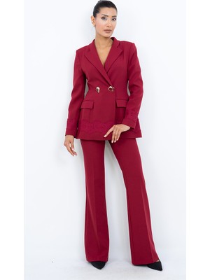 Dorne Moda Kadın Dantel Detaylı Gold Düğmeli Blazer Ceket Pantolon Ikili Takım