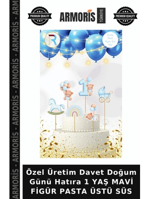 Armoris Özel Üretim Davet Doğum Günü Hatıra 1 Yaş Mavi Figür Pasta Üstü Süs