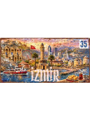 AYNED Print Izmir Şehir Manzaralı Mdf Duvar Levhası, Eskitme Tasarımlı Kafe ve Ev Dekoru