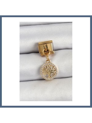 Bezos 316L Çelik Sallantılı Zirkon Taşlı Hayat Ağacı Model Gold Renk Nomination Charm BZS10