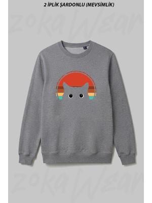 Zoka Wear Black Cat Peeking Sunset Vintage Ön Baskılı Bisiklet Yaka Sweatshirt