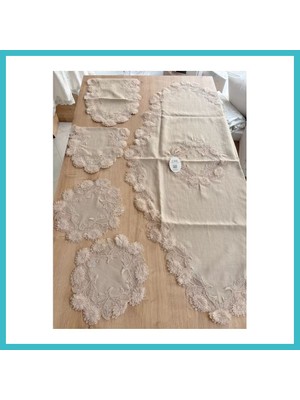 Defne Store Salon Takımı Çeyizlik Kapiçino Runner Set 5 Parça Keten Masa Örtüsü Runneri Flowers Dfnbez