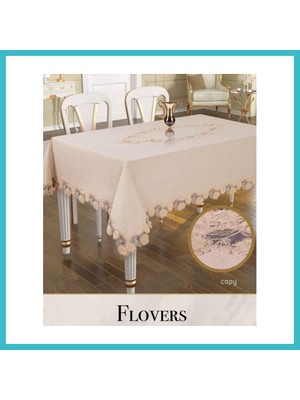 Defne Store 160X260CM Keten Flowers Model Kapiçino 3D Işlemeli Dantelli Dekoratif Örtü Dfnbez