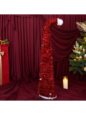 Dekorsende Yılbaşı Süsü Ağaç Sim Şerit Noel Şapkası Uzayan Kırmızı 150 cm
