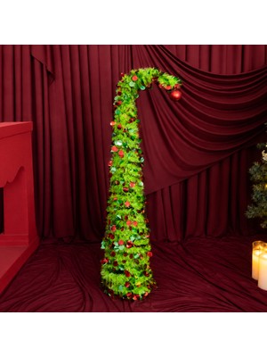 Dekorsende Yılbaşı Süsü Ağaç Sim Şerit Noel Şapkası Uzayan Yeşil 150 cm