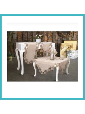 Defne Store Flowers Model Kapiçino 5 Parça Keten Dantelli Masa Örtüsü Runner Seti Çeyizlik Salon Takımı Dfnbez