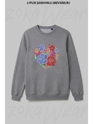 Zoka Wear Cicek Gul Kalp Tasarim Ön Baskılı Bisiklet Yaka Sweatshirt