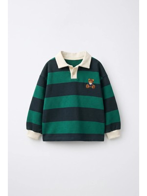 Magu Çocuk Pamuklu Ayıcık Nakışlı Yeşil Lacivert Çizgili Polo Yaka Sweatshirt