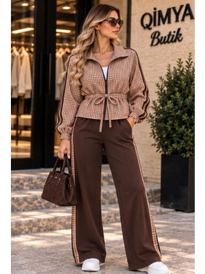 Qimya Butik Şans Life Kadın Üstü Beli Büzgülü Ekoseli Altı Şeritli Alt Üst Ikili Takım
