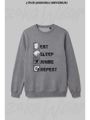 Zoka Wear Eat Sleep Anime Repeat Tasari Ön Baskılı Bisiklet Yaka Sweatshirt