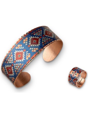 Baskistan Kilim Gurbet Bohçası El Yapımı Bakır Kilim Desenli Bileklik ve Yüzük Seti Ayarlanabilir