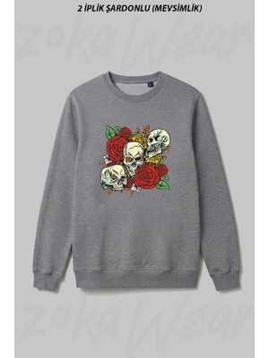 Zoka Wear Kafatasi Gul Bitki Ön Baskılı Bisiklet Yaka Sweatshirt