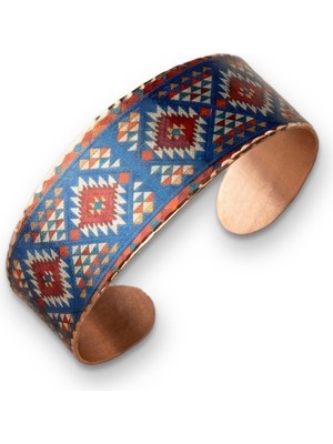 Baskistan Kök Kilim Yörük El Yapımı Bakır Kilim Desenli Geniş Kelepçe Bileklik Ayarlanabilir