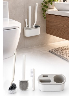 Omilife Beyaz 3'lü Wc Tuvalet Temizlik Fırçası Seti Silikon Klozet Fırçası Kenar Temizleme Fırçası Standlı