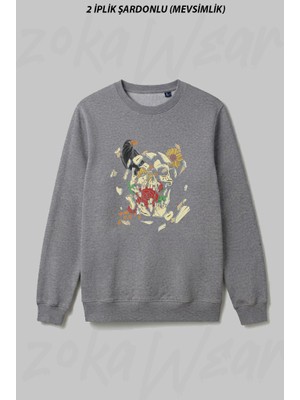 Zoka Wear Iskelet Karga Gul Cicek Tasarim Ön Baskılı Bisiklet Yaka Sweatshirt