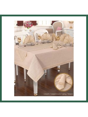 Vintessy Vıntessy Linen Kapiçino 12 Kişilik 26 Parça 155 × 220 cm Masası Premium Şık Sofra Seti BZS01