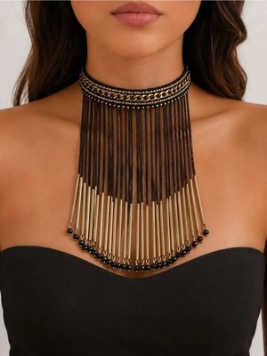 Keskin Aksesuar Siyah Zincir Püsküllü Gold Metal Detaylı Taşlı Kadın Choker Kolye