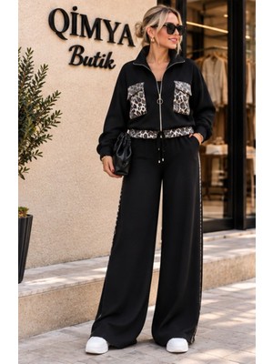 Qimya Butik Buketli Kadın Cebi Etek Ucu Organze Leopar Desenli Biyeli Pantolonlu Alt Üst Ikili Takım