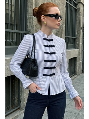 Lela Çizgili Çin Düğmeli Hakim Yaka Büzgülü Peplum Gömlek Kadın Gömlek 611GO00438