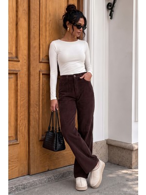 Lela Fitilli Kadife Dokulu Bol Paça Wide Leg Pantolon Kadın Pantolon 668YP5682