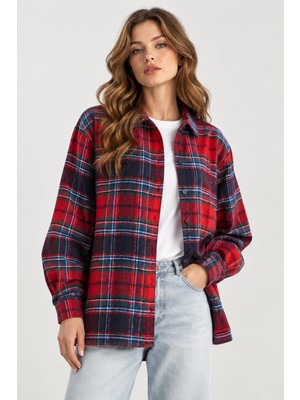 Mevese Kadın Kışlık Kalın Oduncu Gömlek Oversize Kareli Casual Gömlek- Kırmızı-Lacivert