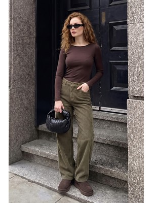 Lela Fitilli Kadife Dokulu Bol Paça Wide Leg Pantolon Kadın Pantolon 668YP5682