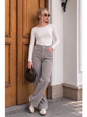 Lela Fitilli Kadife Dokulu Bol Paça Wide Leg Pantolon Kadın Pantolon 668YP5682