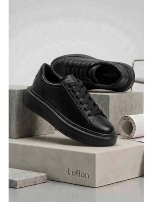 Lufian Kadın Tam Siyah Deri Yüksek Platform Taban Sneaker Spor Ayakkabı