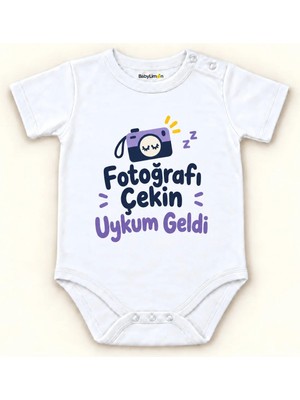 Babylimon Fotoğrafı Çekin Uykum Geldi Beyaz Kısa Kollu Çıtçıtlı Bebek Zıbını