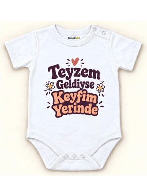 Babylimon Teyzem Geldiyse Keyfim Yerinde Beyaz Kısa Kollu Çıtçıtlı Bebek Zıbını