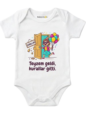 Babylimon Teyzem Geldi Kurallar Gitti Baskılı Bebek Zıbını, Beyaz, Kısa Kollu